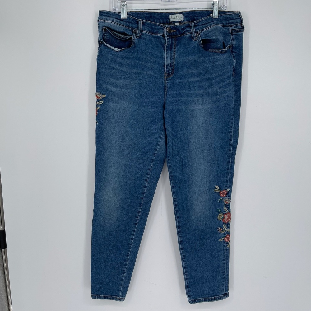 Nicole Miller Women's Blue Floral Embroidered Tribeca Skinny Denim Jeans Size 16